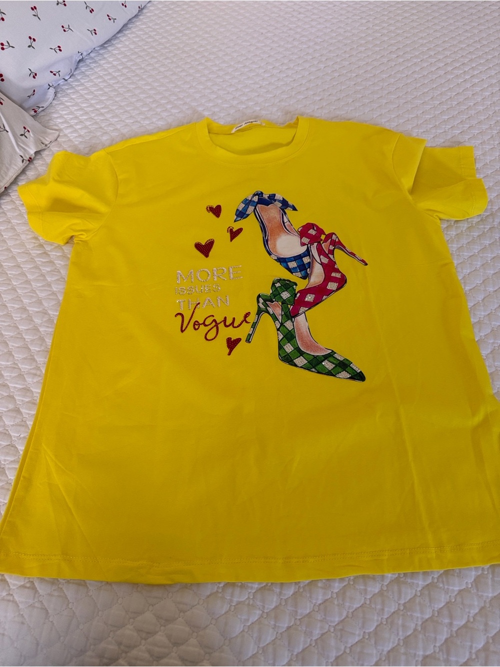 Yellow Women's Graphic Tee with Colorful Heels